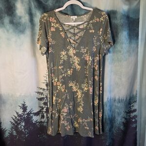 Love Fire Green Ribbed Long-Sleeved Floral Dress